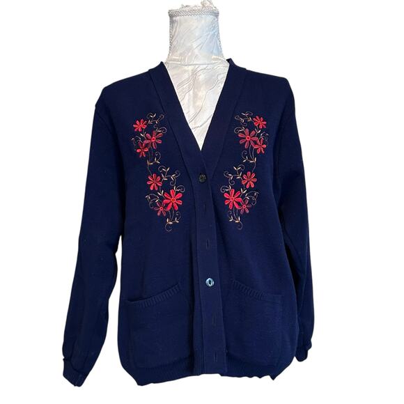 Vintage Sweaters - Vintage Pitlochry Navy Blue Cardigan Sweater Women Sz Medium Floral Embroidered